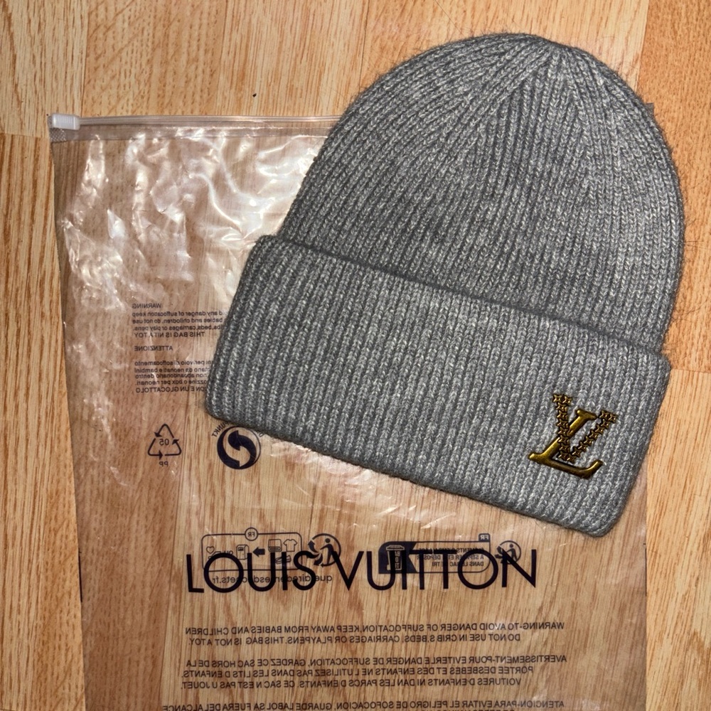 Louis Vuitton Gray Knit Hat with Gold Logo